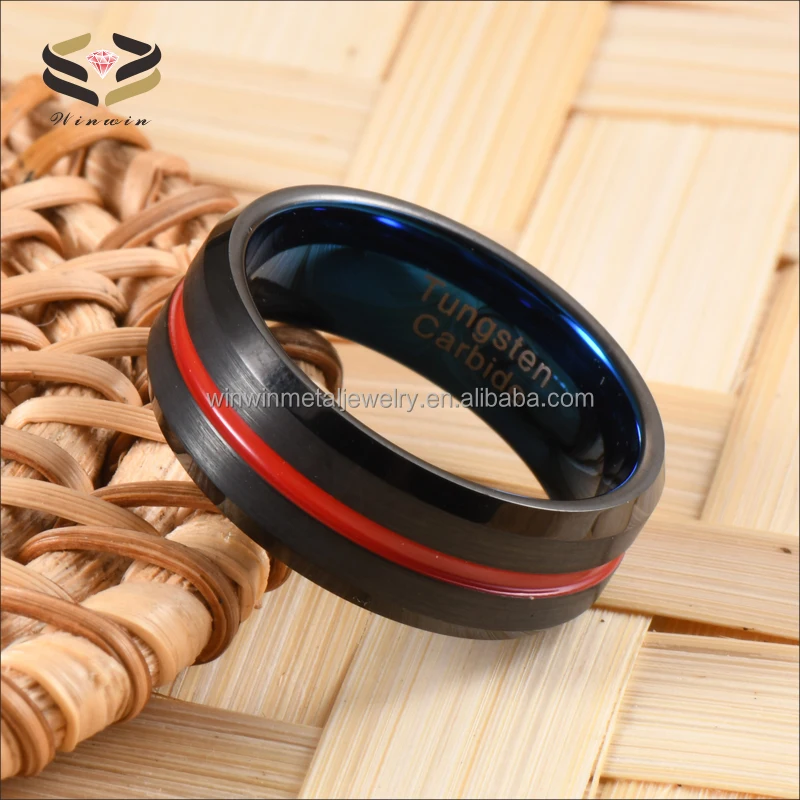 Red Strip Brushed Blue Tungsten Ring for Wedding and Engagement with Channel Setting