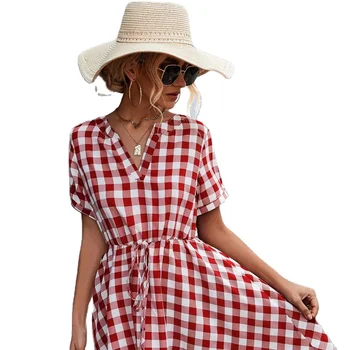 Ribbon Dress Hot Sale irregular V-neck Plaid Polyester Woven Simple Pencil Embossed clothing manufacturers custom