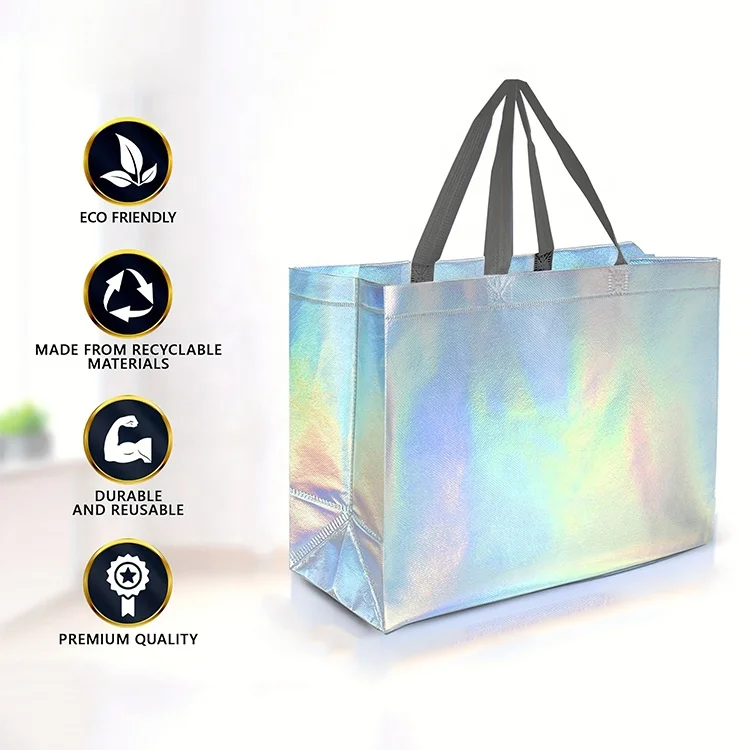 Reusable Laser Iridescent Laminated pp Nonwoven Garment Shopping Tote Bag Personalize Custom Gradient Metallic Non Woven Bag