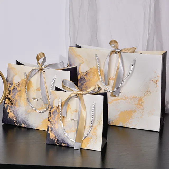 Luxury Marble Gift Bag White Fashion Tote Bag With Ribbon Color Printed Paper Shopping Gift Paper Bag