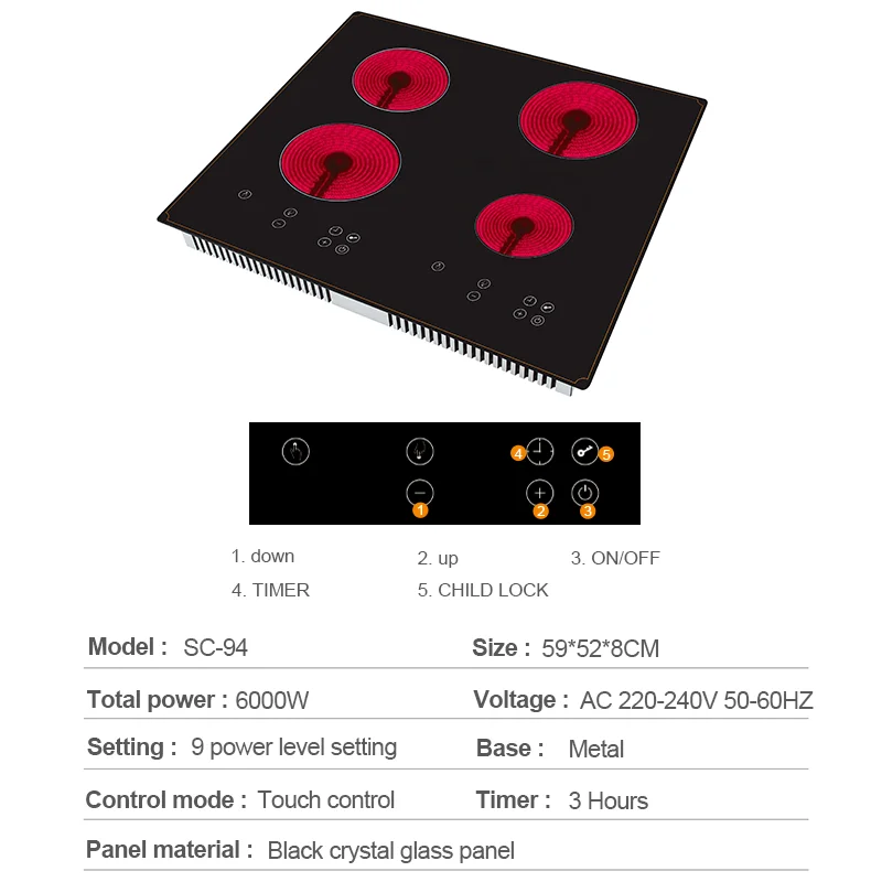 Customized Product 6000W Touch Screen Fast Heat 4 Burners Digital Multi Electric Infrared Cooker With Led Display