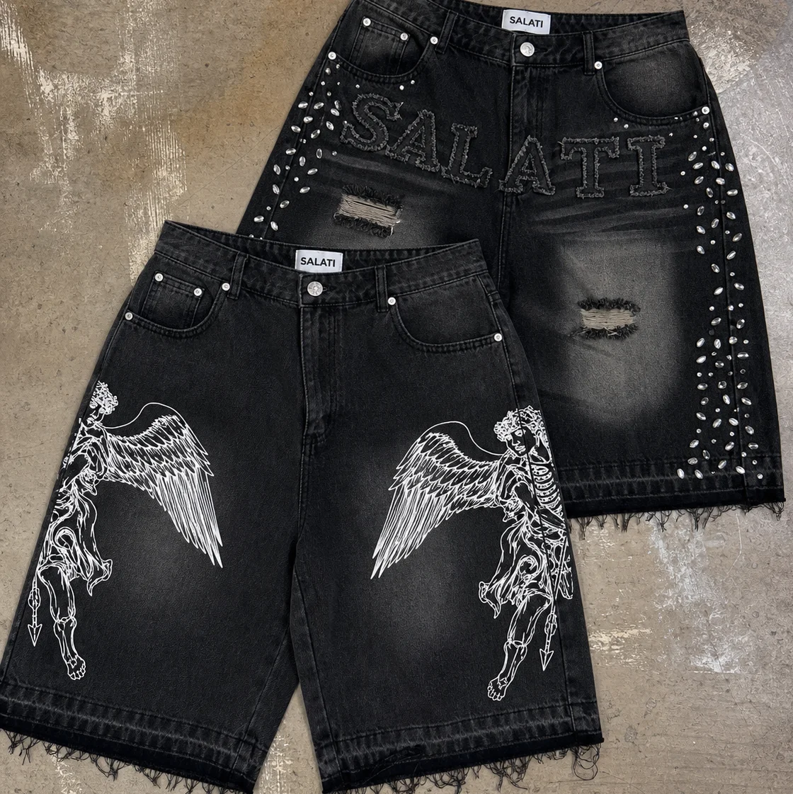 Custom Manufacturer Black Acid Washed Distressed Ripped Raw-Hem High-Waisted Knitted Embroidered Print Canvas Streetwear Men's