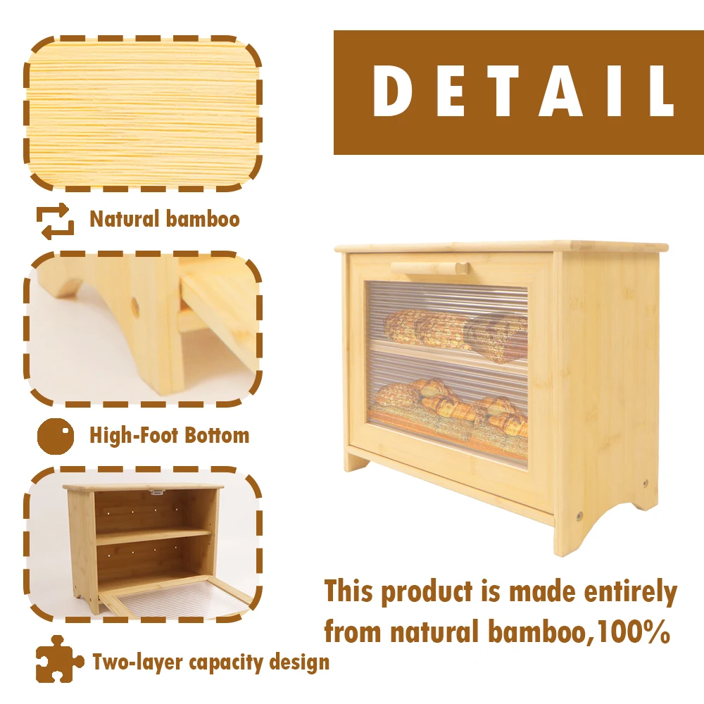 Double Layer Bread Box for Kitchen Counter Bamboo Wood Large Capacity Bread Storage Bin with Acrylic Wavy Door Panel
