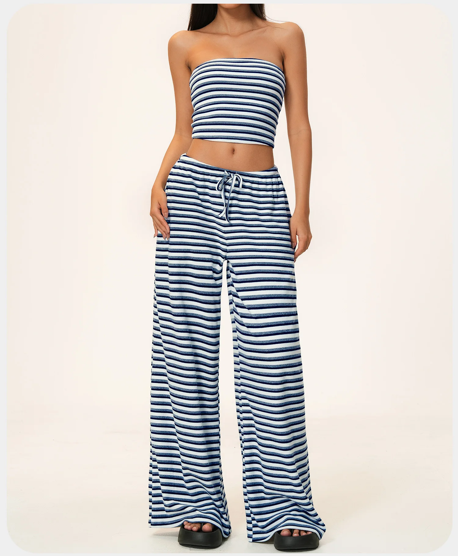 Womens Striped Three Piece Yoga Set Breathable Four Way Stretch Crop Cardigan Wide Leg Pants Activewear — detail