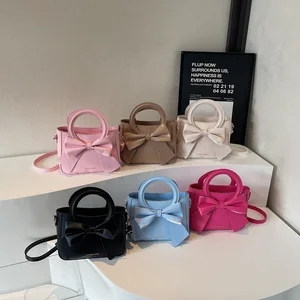 2026 Candy Color New Woman Handbags PU Leather Woman Bags with Bow Cute Zipper Bags for Lady