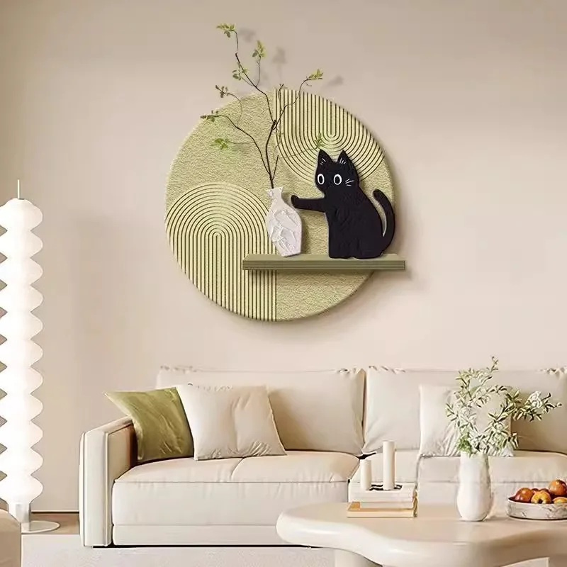 Round Textured Wall Decor With 3D Cats Wooden Shelf Minimalist Wabi Sabi Neutral Beige Home Living Room Kitchen Entryway