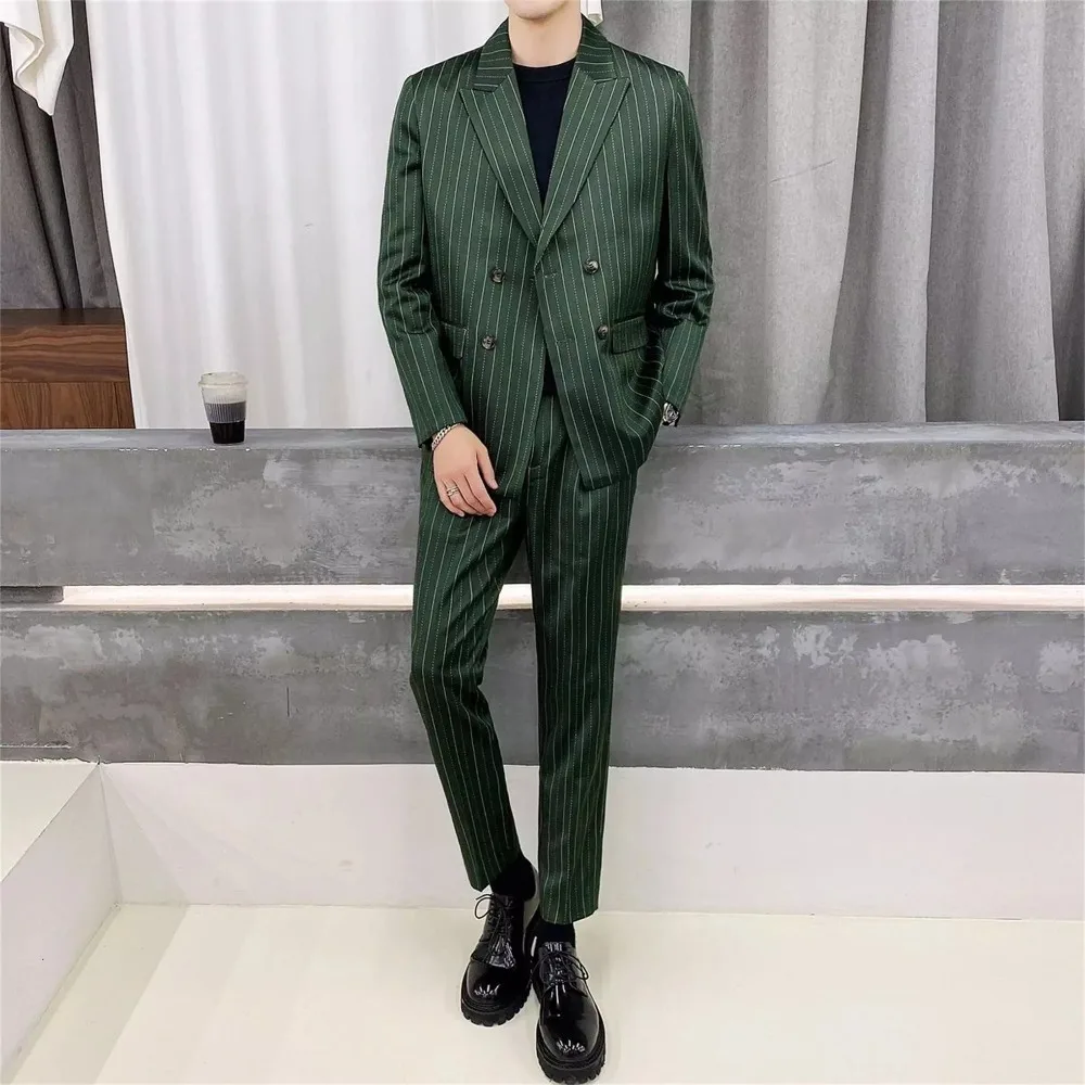 Trajes a rayas de color verde oliva para hombre chaqueta de baile de  graduación con solapa y doble botonadura, traje para hombre, Terno  Masculino,