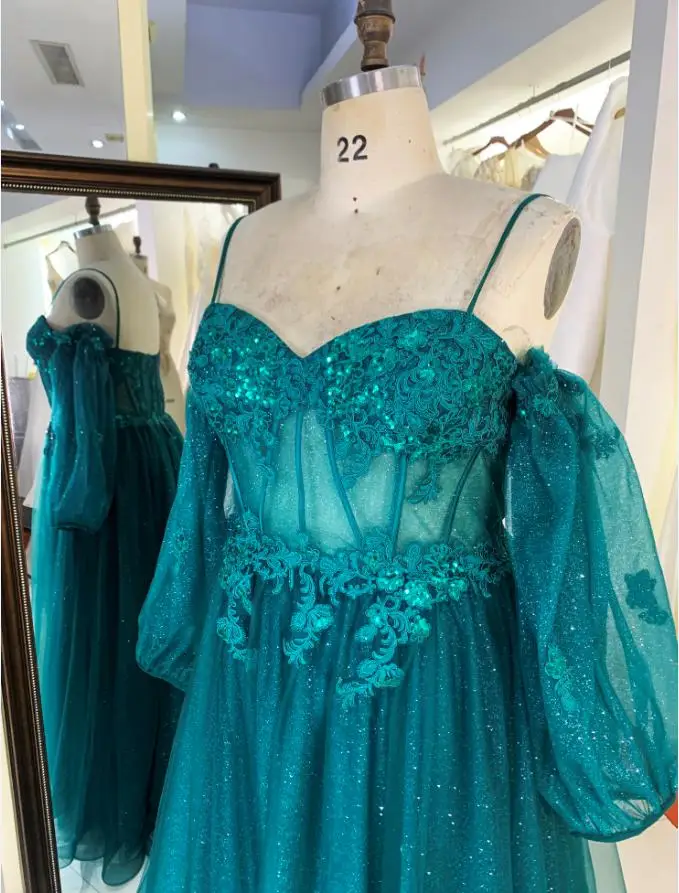 Plus Size Emerald Green Long Puff Detachable Sleeve a Line Glitter Tulle  Embroidered Prom Evening Dresses for Women