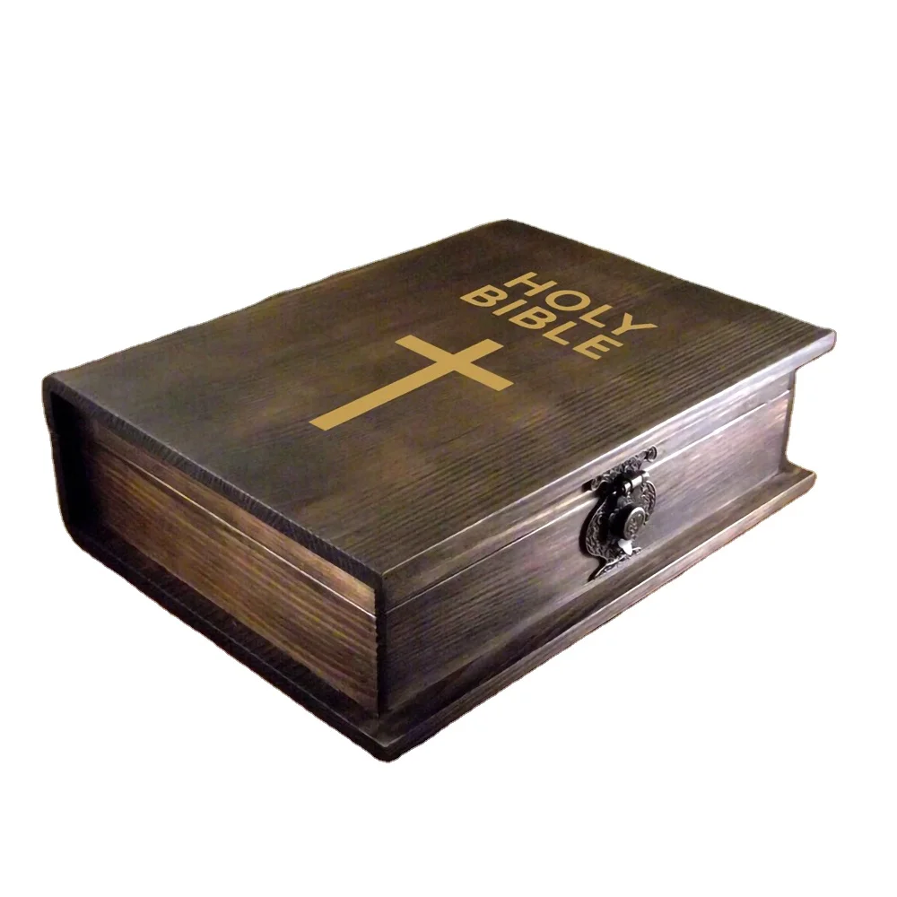 Old Style Distressed Decorative Book Boxes Holy Bible Container Lovers Customized Pine Wooden Book Shaped Gift Box