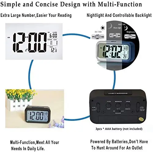 Heavy Sleepers Digital Smart Backlight Battery Operated Alarm Table Clock with Automatic Sensor, Date & Temperature