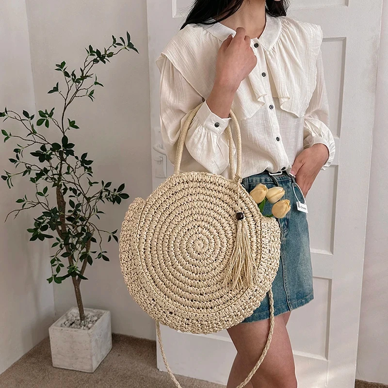 Straw Bag Rattan Woven Round Tassel Handbag for Women Large