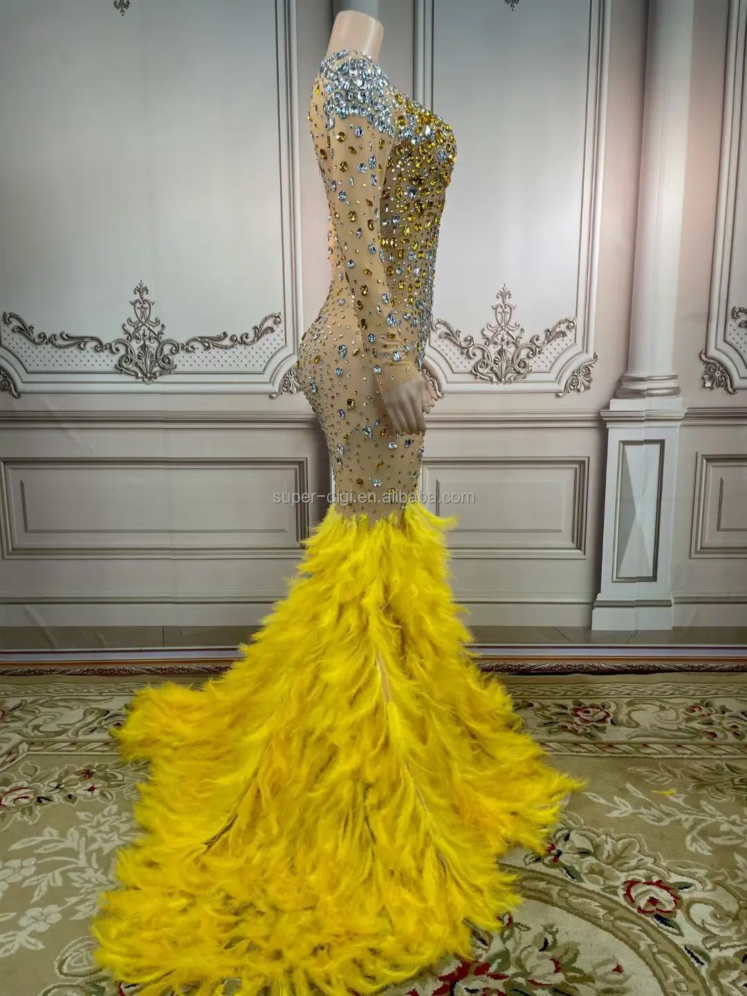 Singer Club Stage Show Fashion Feather Gold Diamond Dress