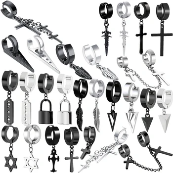 Hot sale stainless steel black cross chain tassel earrings for men and women