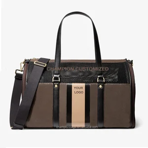Custom Printed Logo Leather Luxury Portable Women Pet Dog Cat Travel Carrier Weekender Duffle Bag