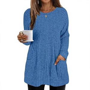 Women's Standard Thickness Vintage Hand Woven Viscose/Polyester Button Collar Long Sleeve Zipper Jumpers Pocket Curved