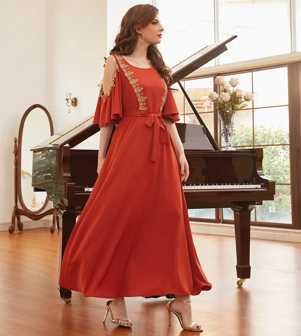 Burnt Orange Leaky Shoulder Design Ruffle Sleeve Dress Middle Eastern  Family Party Maxi Dress