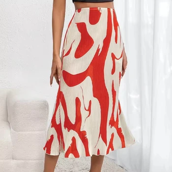 2024 Spring And Summer Women's European And American Hot New Pattern Printed High Waist polyester Skirt