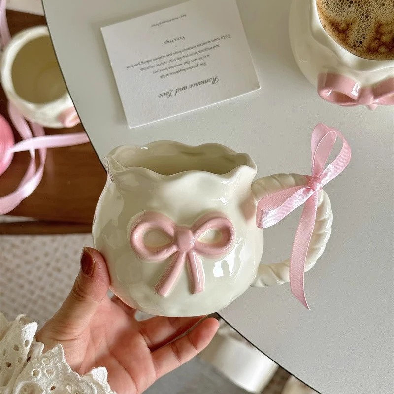 Factory Directly Sell Ins Cute Embossed pink Bow Ceramic Coffee Cup Girl Heart Princess Gift Mug