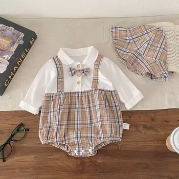 2026 Spring and Autumn Baby First Birthday Outfit for Boys Newborn and One-Month Clothing Gentleman-Style Baby Jumpsuit with Hat