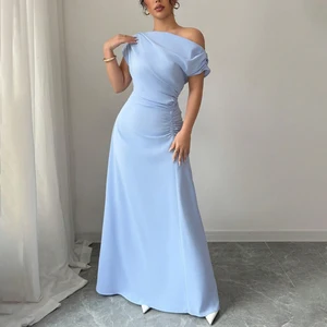 ZYHT 73977 Summer Women Lady Blue Brown Muslin Modest Abaya Maxi One Shoulder Long A-Line Large Hem Elegant Casual Dress