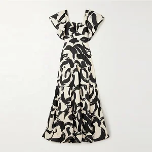 Clothing Manufacturer Custom Spring Summer v Neck Short Sleeve Elegant Casual Women Print Long Dress