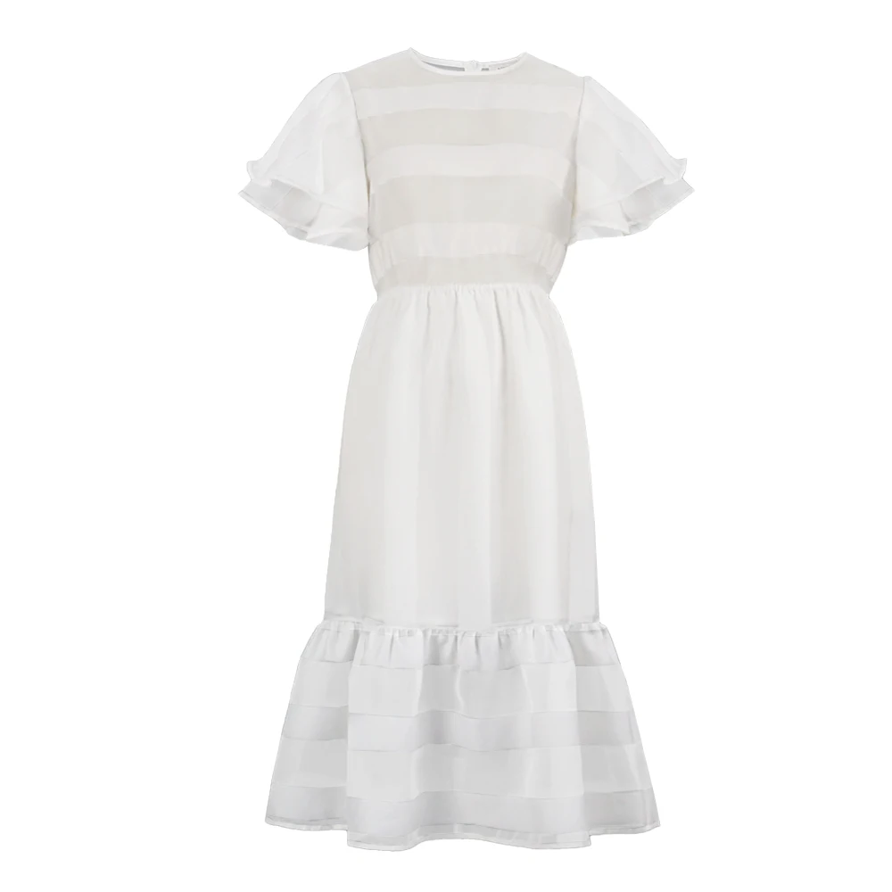 Summer White Chic Flare Sleeve See Through Ruffled Ladies Casual Dress ...