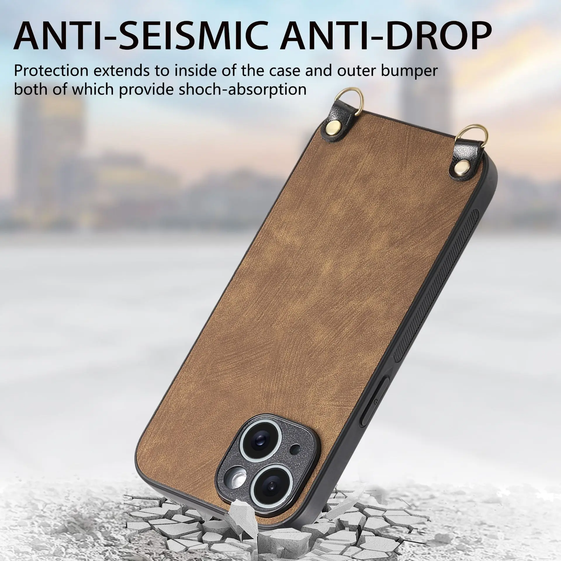 Shockproof Chain Crossbody Plain Leather Case With Wrist Strap And Lanyard For IPhone 17 AIR 16E 15 Pro Max_voghion.com