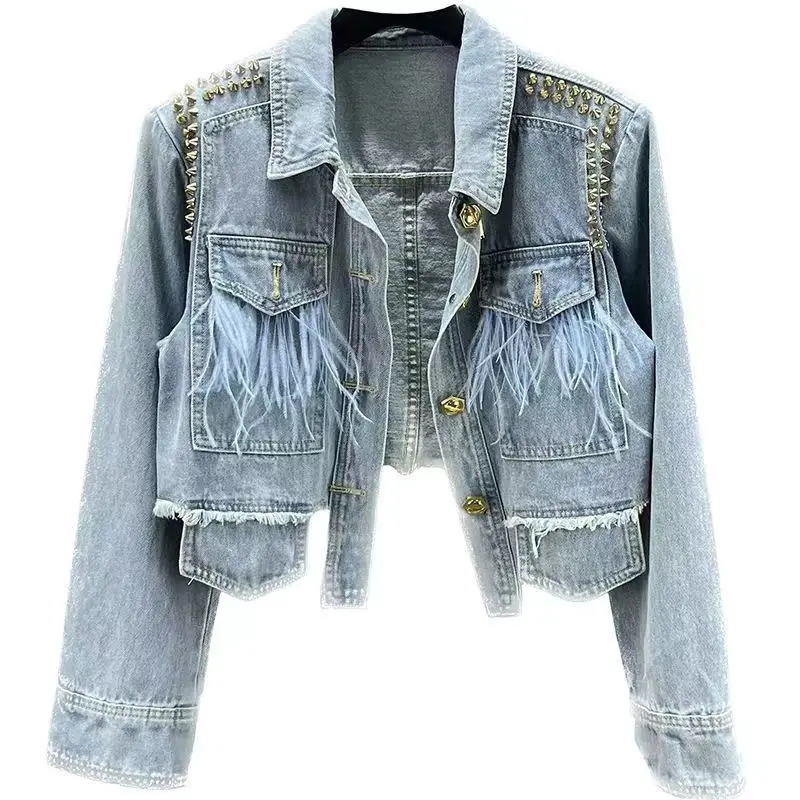Fashionable Fall Winter Loose Short Coat Tassel Rhinestone Fringe Jacket Women Denim Jackets