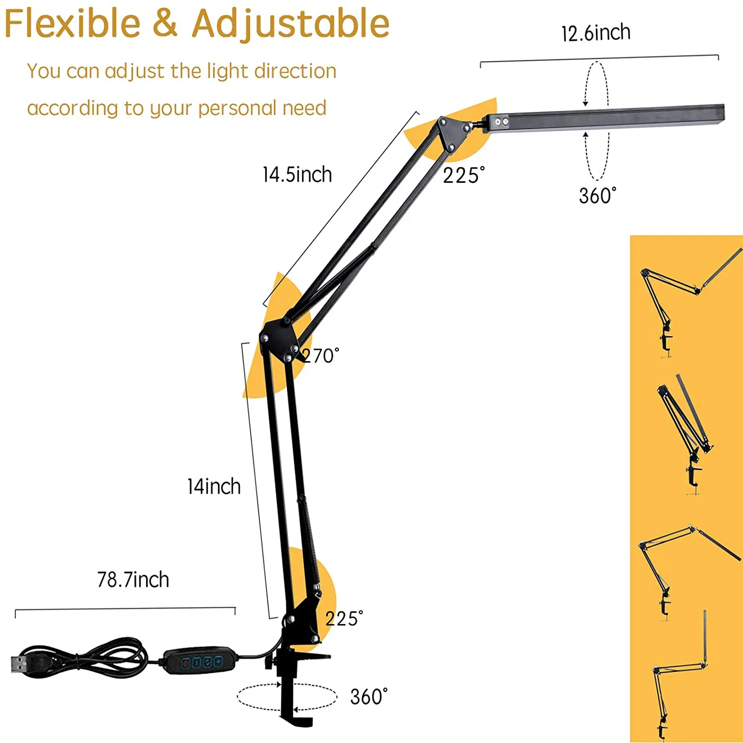 LED desk lamp with metal swing arm and fixture, dimmable architect task lamp, 3 color modes and 10 adjustable brightness