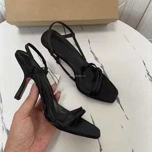 QuiteS New Square Head Open Toe Temperament French High Heels for Women Thin Heel One Line Sandals Strappy Stiletto High Heels