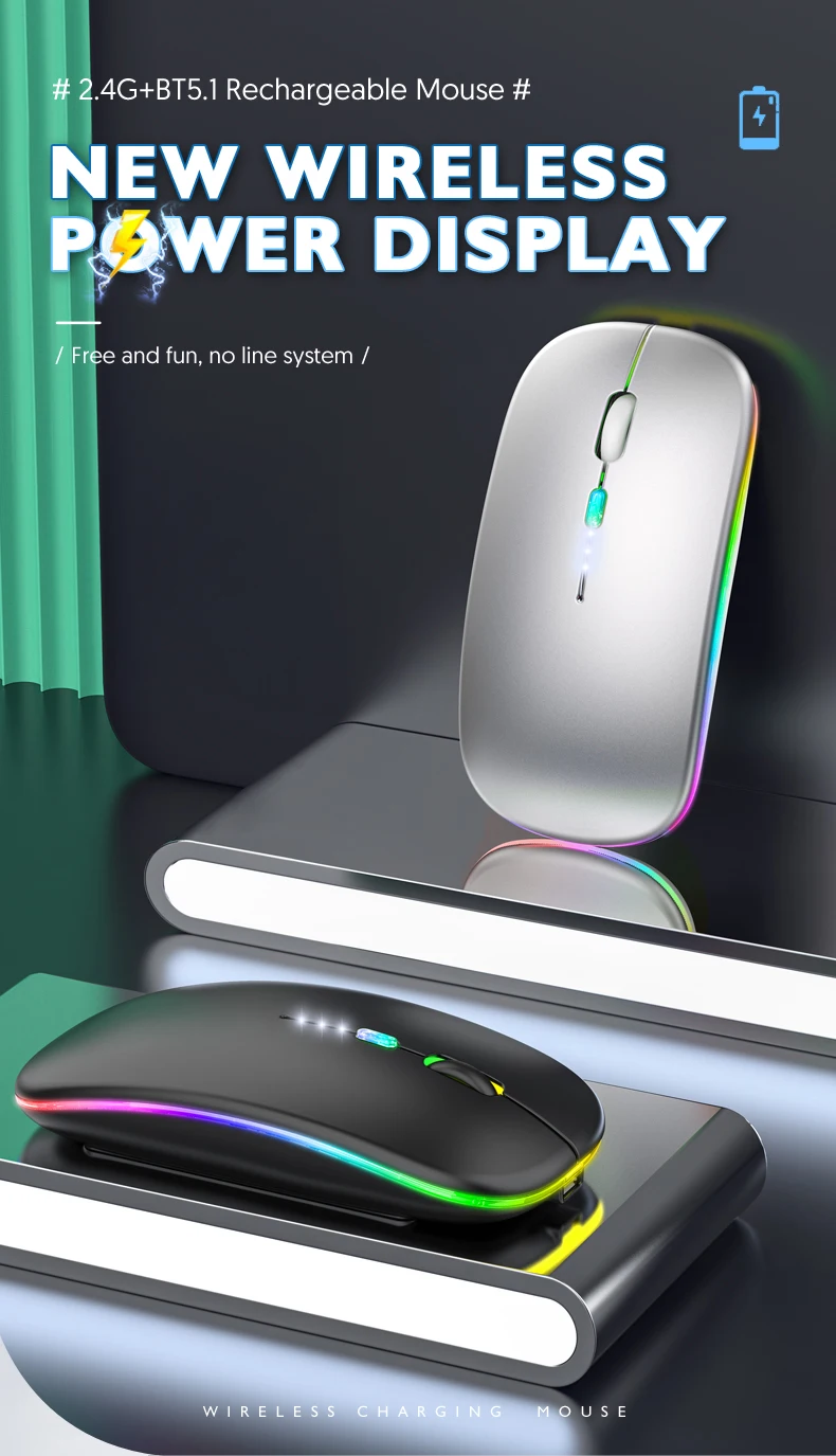 Best-selling Popular LED Rechargeable 2.4G+Blueteeth Dual Mode Wireless Mouse Glowing Custom LOGO Brand for Office