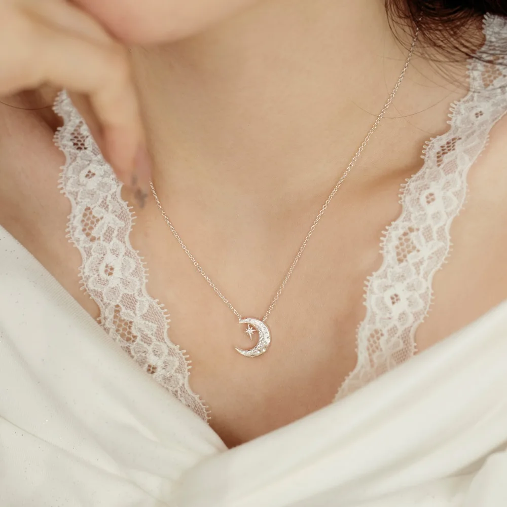 KAKODIY 925 Sterling Silver Chain 5A Cubic Zirconia Frosted Surface Crescent Moon Pendant Necklace Christmas Gift detail 4