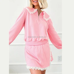 Women's Pink Coquette Lounge Two Piece Skirt Set Cute Lace Trim Half Zip Sweatshirt Mini Skirt Outfit for Preppy Style