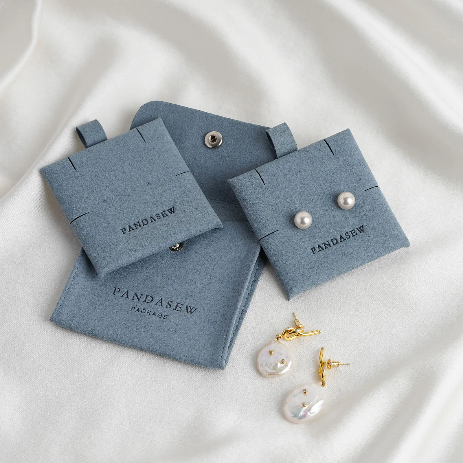PandaSew Custom Logo Microfiber Snap Button Jewelry Bag for Earrings Rings Necklace with Insert Pad Jewelry Pouch