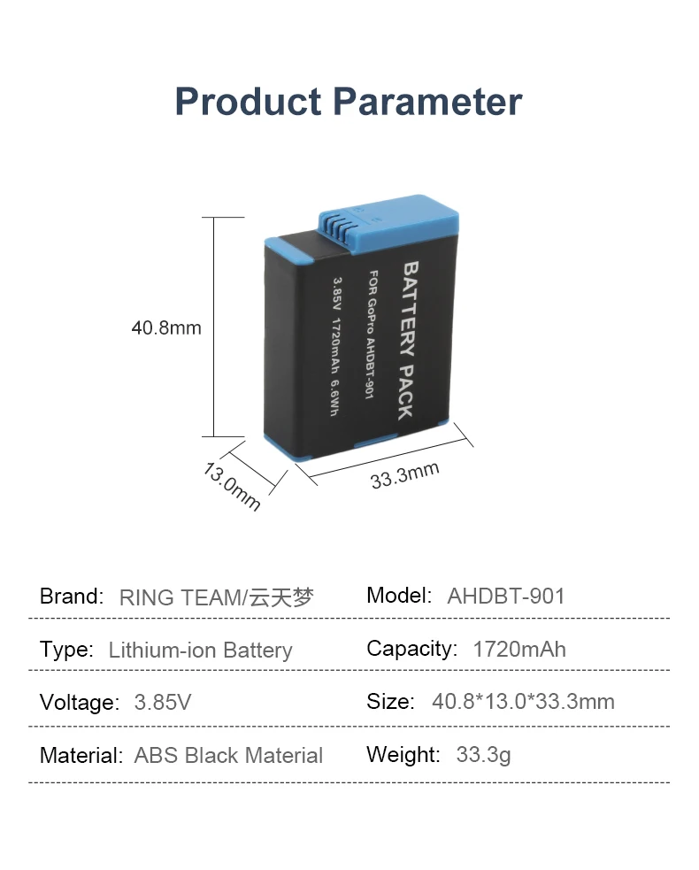 3.85V 1720mAh AHDBT-901 Rechargeable Digital Battery AHDBT901 Lithium-ion Batteries for GoPro Hero 11 GoPro Hero 10 GoPro Hero 9 manufacture