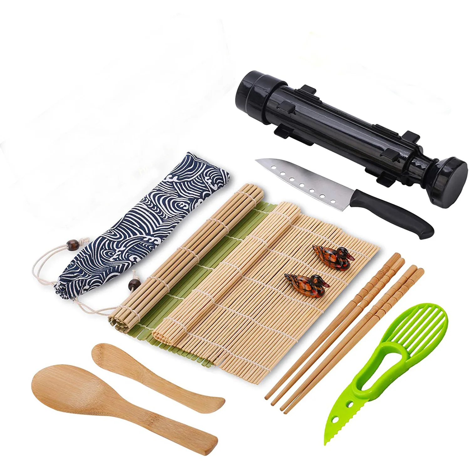12pcs Kitchen Set Equipment Beginners Easy Use Home Bamboo Roll Mat Rice Seaweed All One Wood Sushi Making Kit with Bazooka