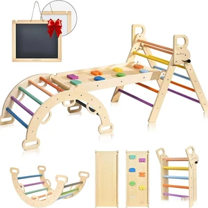 Montessori Inspired Children's Wooden Climbing Frame Rainbow Steel Triangle Set for Toddlers Gym Kindergarten Play for Kids