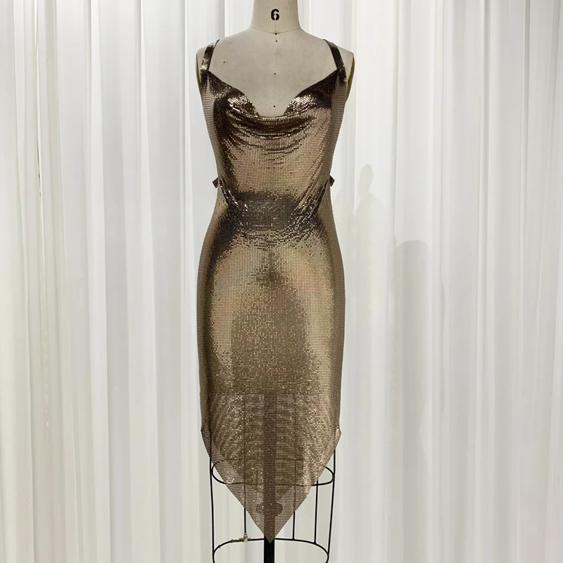Shiny Fashion Customized Metallic Evening Dress Aluminum Metal Mesh  Chainmail Party Club Dress