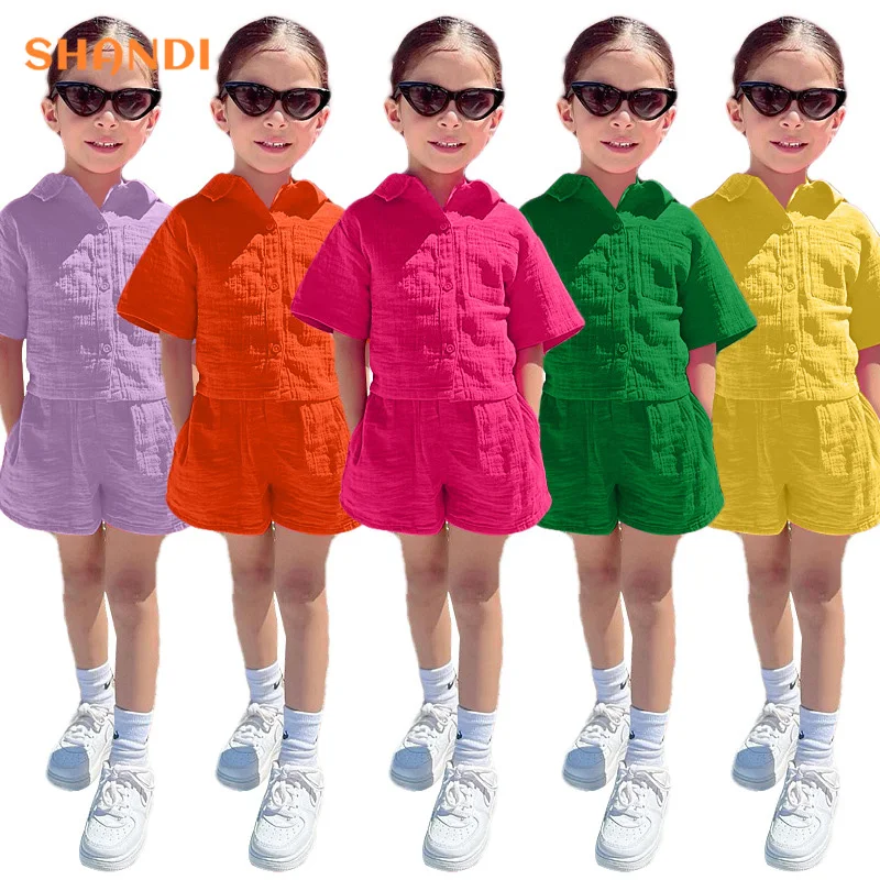 Повседневная летняя одежда для малышей 2023, рубашка-поло, блузка, велосипедные шорты, комплект из двух предметов для маленьких девочек