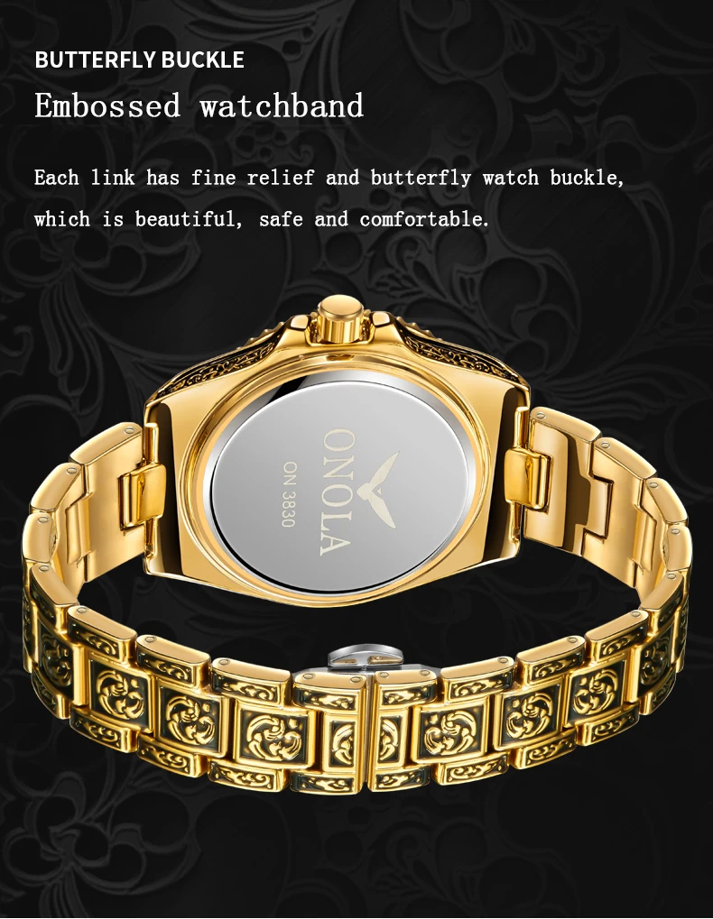 ONOLA 3830 44mm Automatic Mens Quartz Watches Gold Watch for Men Waterproof Luxury Arabic Wrist Watches