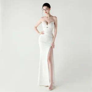 New Strapless Heart-shaped Neckline Evening Dress, Sexy Ruffle Bustier High Slit Mermaid Skirt, Women's One-piece Dress