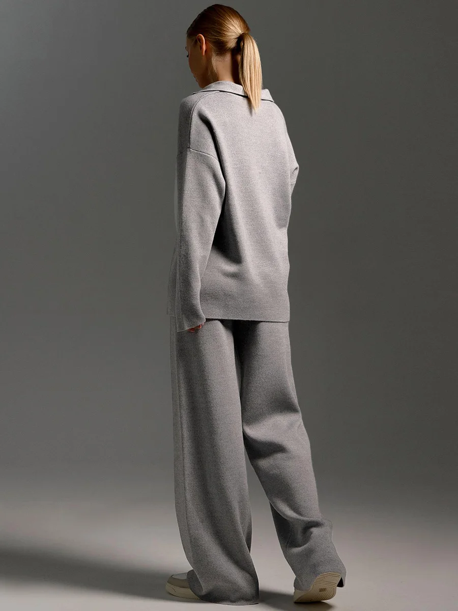Fashion Casual knitted suit women's European and American Polo neck loose sweater Pullover two-piece