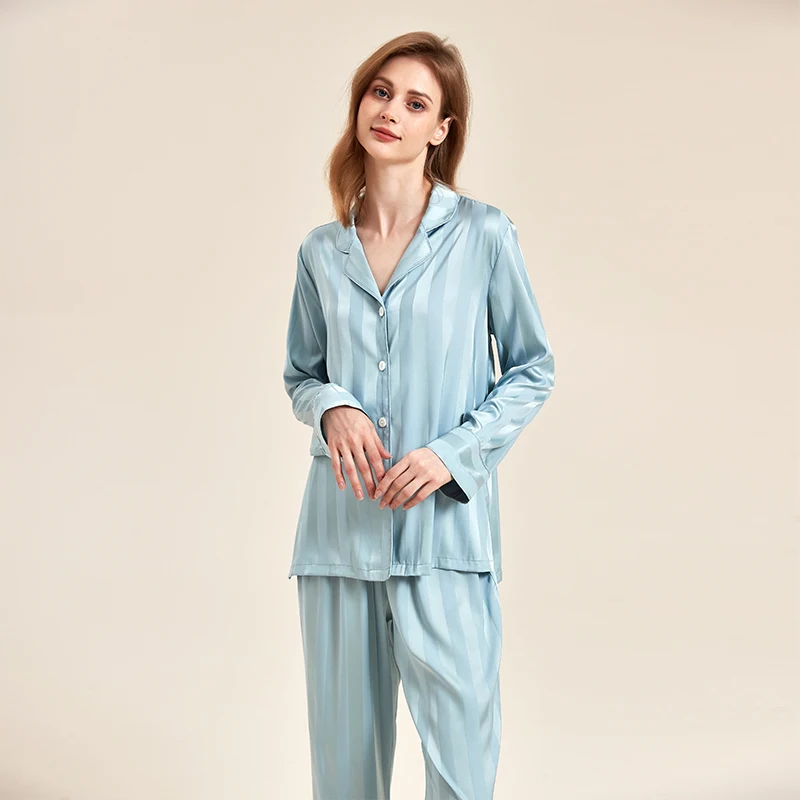 Source High Quality Simple Casual Ice Silk Satin Pajamas For Women  Long-Sleeved Loose Shirt Style Striped Jacquard Home Clothes Suit on  m.