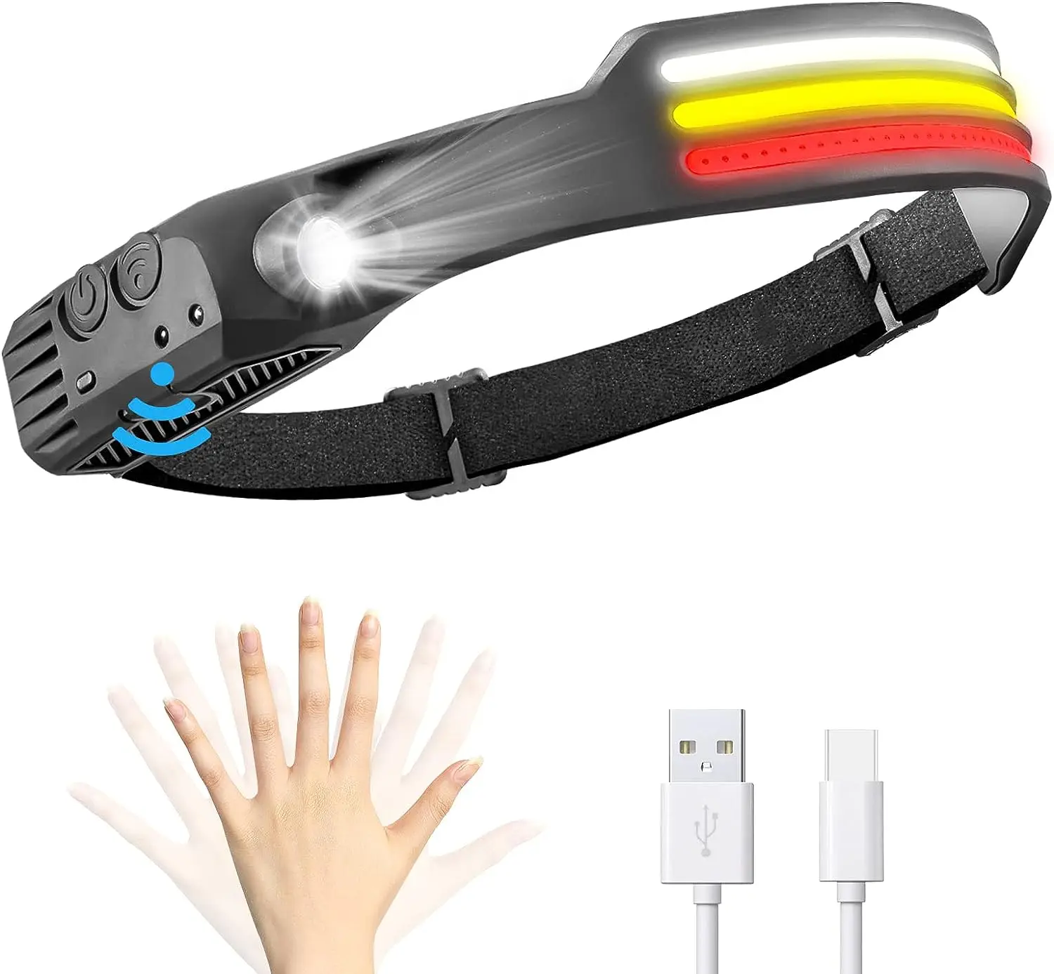 4-Pack COB LED Headlamps - Waterproof, Motion Sensor, Rechargeable 18650, 350 Lumens