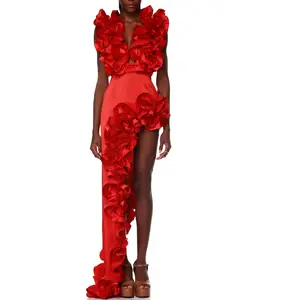 2026 Russia Luxury Grand Vacation Beach Wear Solid Red Monokini with Skirt 2 Piece Set Breathable Women's Swimwear