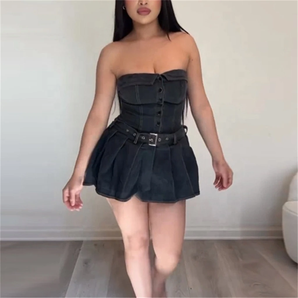 ZHEZHE Denim Belt Pleated Tube Mini Dresses Women Strapless Sleeveless  Backless Slim Vestidos Female Jean Clothing