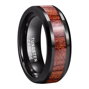 Coolstyle Jewelry 8mm Koa Wood Inlay Black Tungsten Ring Men Women Fashion Engagement Wedding Band Beveled Edges Comfort Fit