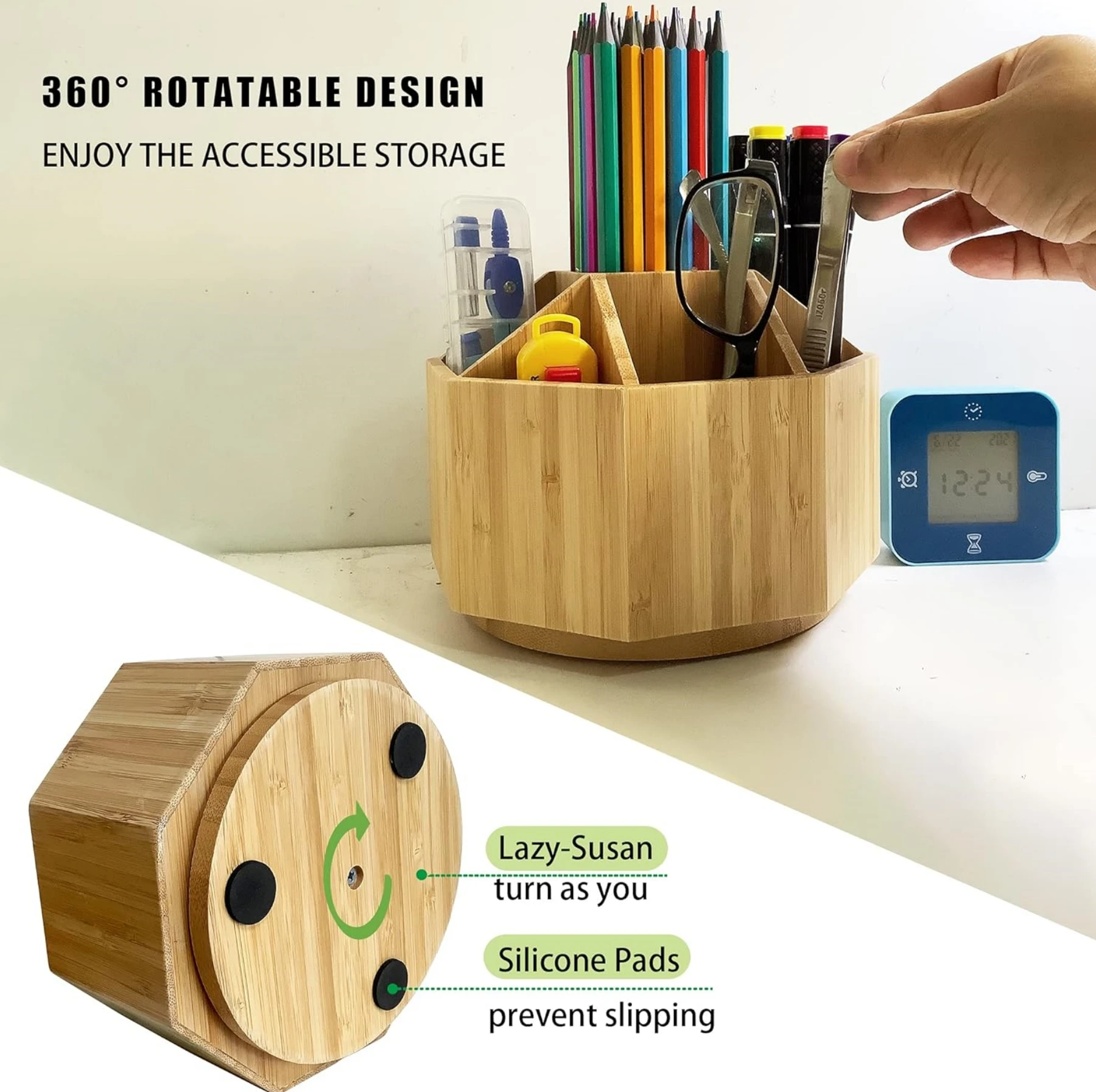 Bamboo 360 Degree Rotating Desk Organizer Pen Holder and Pencil ...