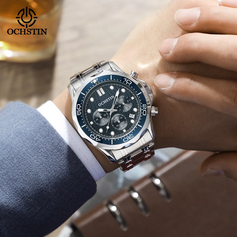 OCHSTIN 7005 New Wristwatches Mens Analog Display Rose Gold Stainless Steel Quartz Sports Watch Auto Date Chronograph Male Clock