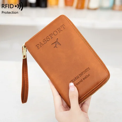 Solid Color RFID PU Leather Passport Credit Card Wallet Customizable Business Card Holder Stylish Travel Zipper Closure 6 Inch